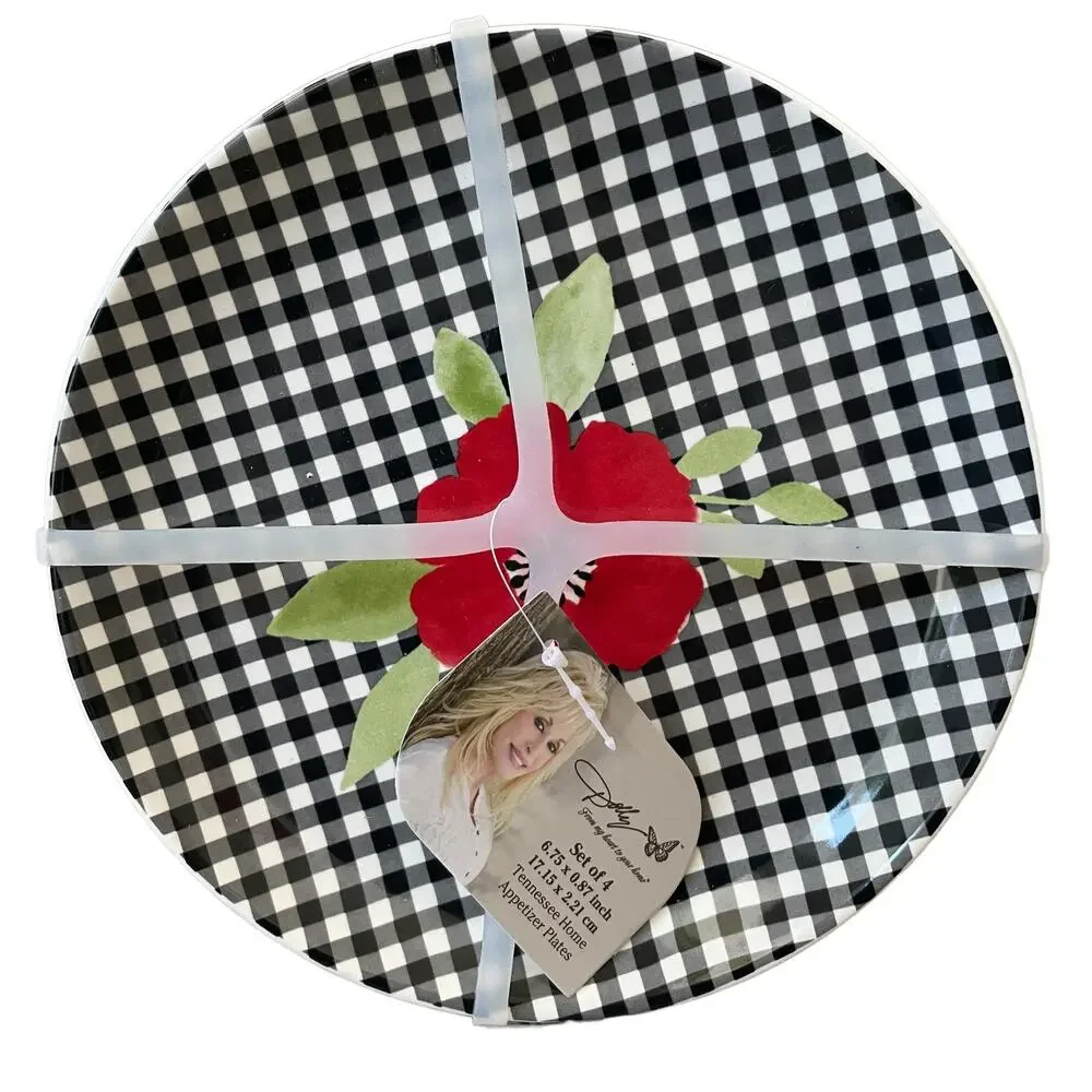 DOLLY PARTON Set of 4 Ceramic Tidbit Bowls Black|White Gingham Red Floral INEW